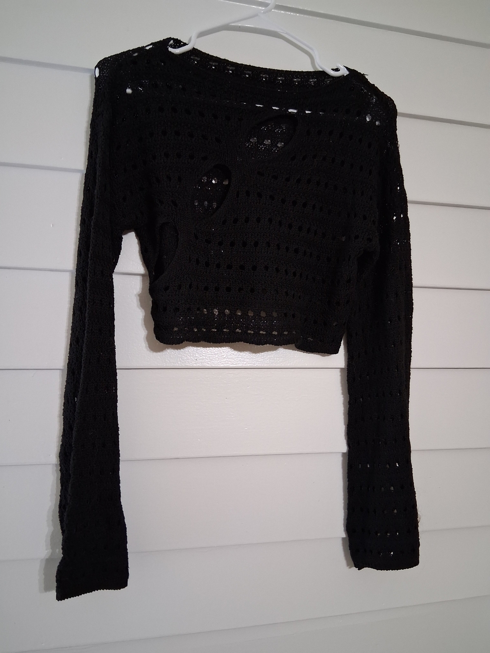 Black Cropped Open-Knit Long Sleeve Sweater